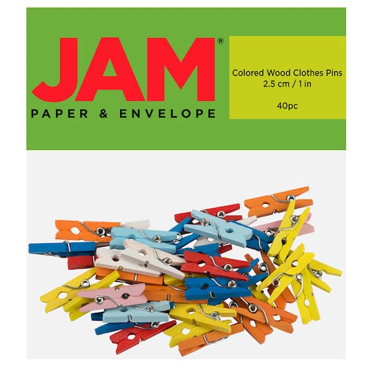 JAM Paper 7/8&#x22; Colorful Wood Clip Clothespins, 40ct.